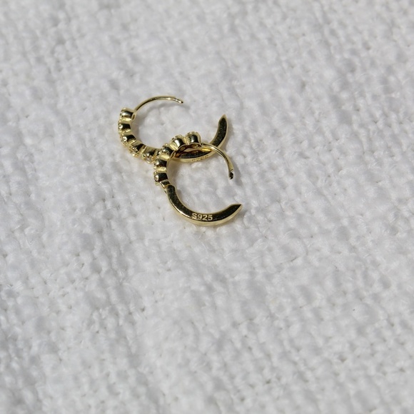 Sterling Silver Gold Huggie Hoops with Row of Isolated Simulated Diamonds - Picture 12 of 12